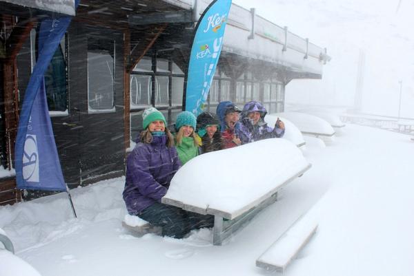 Nice day for lunch on the deck at The Remarkables &#8211; (L to R) staff Mo Rush Jill Leake, Tanya  Papandrea, Masa Oda and Will Curnow.  